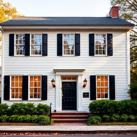 Historic wooden house with black doors and windows in New Orleans, Louisiana.の素材