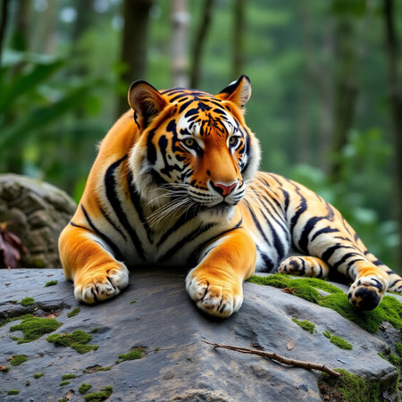 Sumatran tiger lying on a rock in the jungle, Thailand.の素材