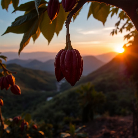 Cacao fruit on tree at sunset, Cocoa tree in the morningの素材