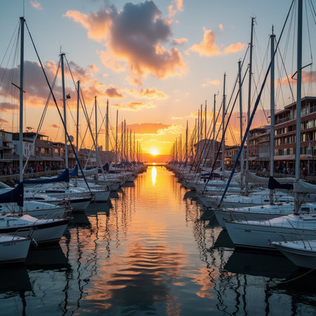 Sunset over the marina with yachts and motor boats in Cannes, Franceの素材