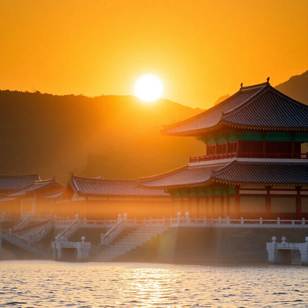 Korean traditional architecture at sunset in Gyeongbokgung Palace, South Koreaの素材