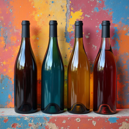 Wine bottles on a shelf in front of a grunge wallの素材