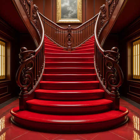 3d rendering of a red carpet in a room with a staircaseの素材