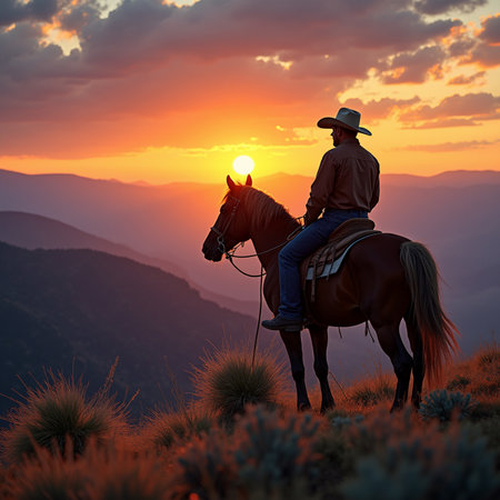 Cowboy on horseback at sunset in the mountains. 3d renderingの素材