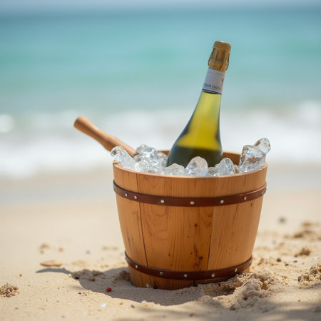 bottle of champagne in a wooden bucket with ice on the beachの素材