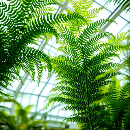 Green fern leaves in a modern greenhouse. Selective focus.の素材