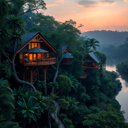 Beautiful view of wooden house on the river in the jungle.の素材