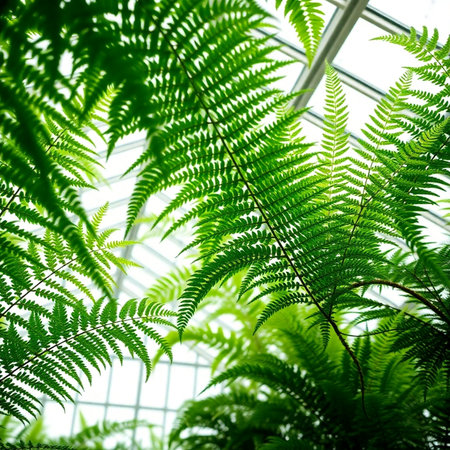 Green fern leaves in a greenhouse. Beautiful fern background.の素材