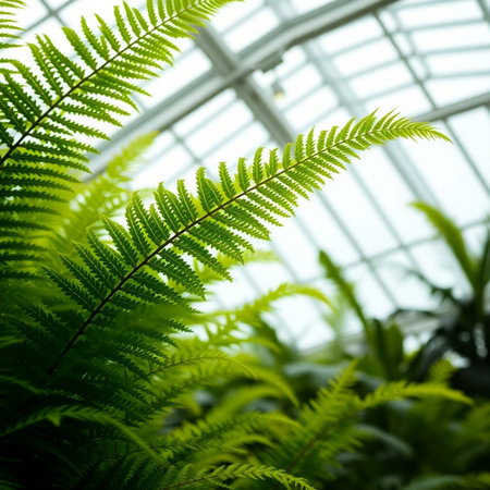 Green ferns in a greenhouse. Beautiful ferns in a greenhouse.の素材