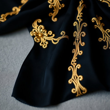 Closeup detail of a black silk dress with golden embroideryの素材