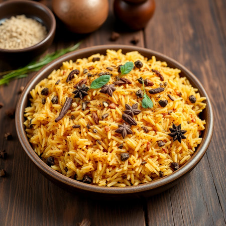 Traditional Indian spicy biryani rice with spices and herbs in bowl on wooden backgroundの素材