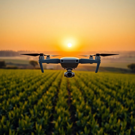 Drone with digital camera flying over agricultural field at sunset. Drone with digital camera.の素材