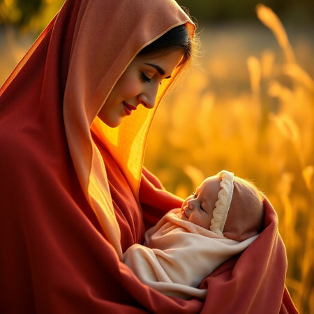 Beautiful young Muslim mother with her newborn baby at sunset.の素材