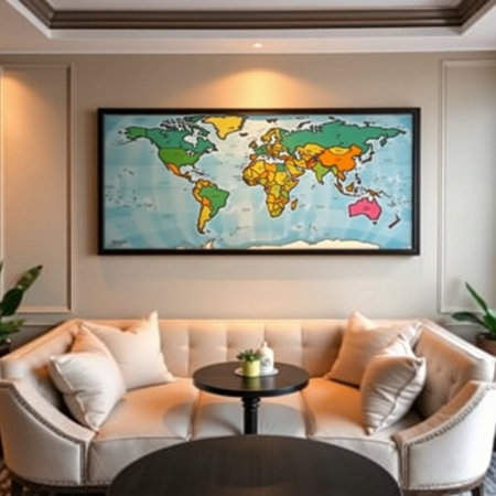 Interior of a living room with a world map on the wallの素材