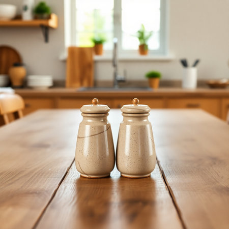Salt and pepper shakers on a wooden table in the kitchen.の素材