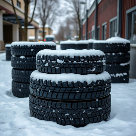 Winter tires covered with snow on a parking lot in the city.の素材