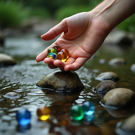 Female hand holding a handful of colorful glass marbles in the waterの素材