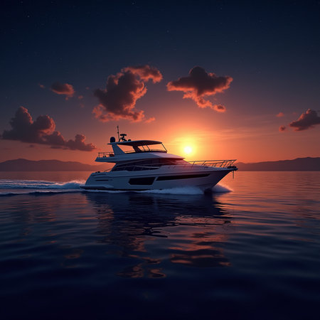 Luxury yacht in the sea at sunset. 3d renderの素材