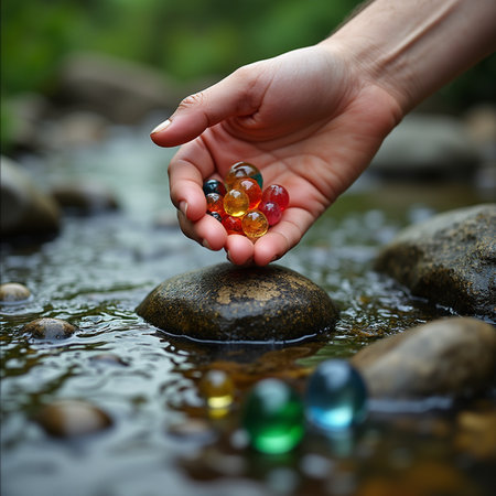 Woman's hand holding a handful of colorful marbles in the waterの素材