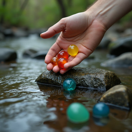 Female hand holding colorful marbles in river. Selective focus.の素材