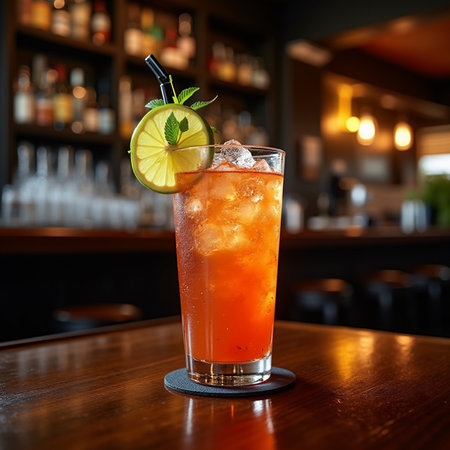 Cocktail with ice cubes and lime on the bar counter.の素材