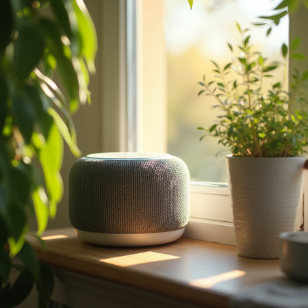 Modern speaker on the windowsill in the morning. Home air purifier.の素材