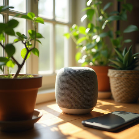 Smart speaker and smartphone on the windowsill in the morning light.の素材