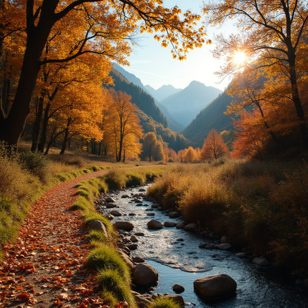 Autumn landscape with mountain river and colorful forest in sunny day.の素材