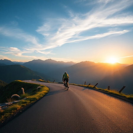 Cyclist riding on the road at sunset in the mountains.の素材