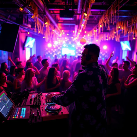 Dj mixes the track in the nightclub at a party. Nightlifeの素材