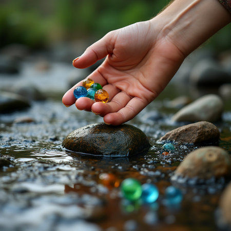 Hand of a young woman holding a handful of colorful glass stones in a streamの素材