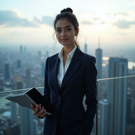 Asian businesswoman using digital tablet at the rooftop of skyscraper.の素材
