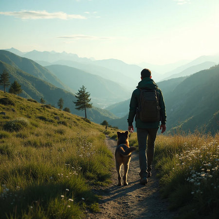 A man with a backpack and a dog in the mountains at sunset.の素材