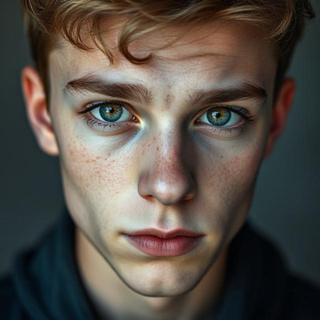 Portrait of a teenage boy with freckles on his faceの素材