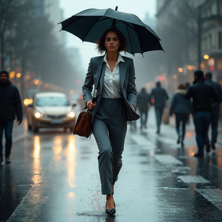 Young businesswoman with umbrella walking on the street in the rain.の素材