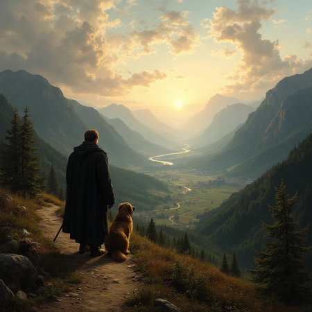 Man and dog in the mountains at sunset. Concept of active lifeの素材