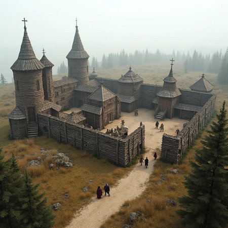 Ancient wooden church in the foggy forest. 3d render.の素材