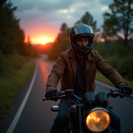 Biker in helmet and leather jacket sits on a motorcycle on the road at sunset.の素材
