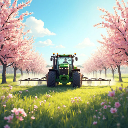 Tractor with a sprayer on the background of cherry blossomsの素材