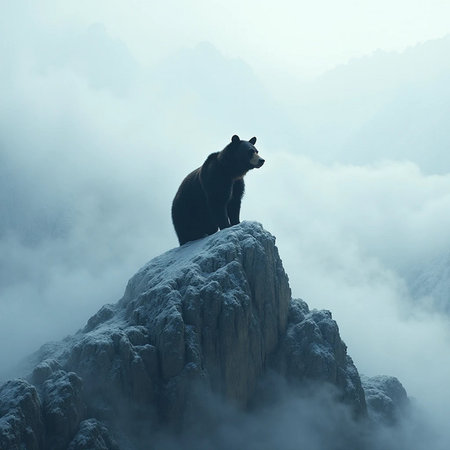 Brown bear on top of a mountain with fog in the background.の素材