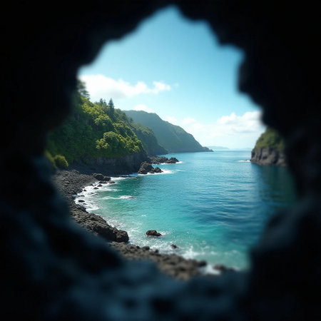 View of the sea from the hole in the rock. Madeira island, Portugalの素材