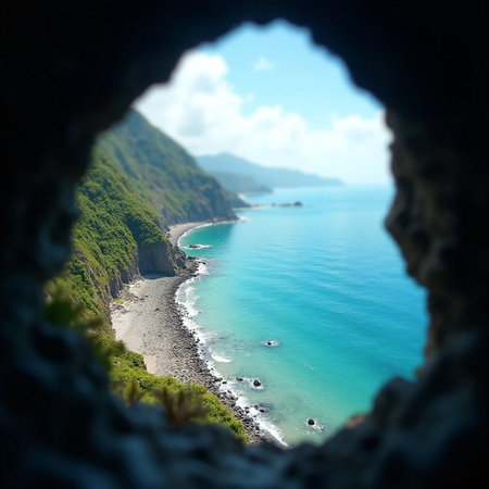 View from the hole in the rock on the sea and mountains.の素材