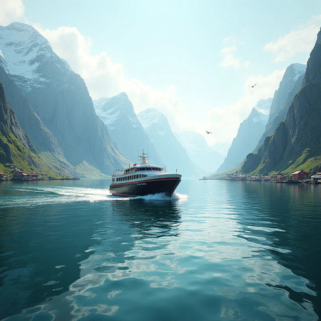 Cruise ship in the fjord. 3d render.の素材