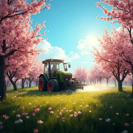 Tractor with cherry blossoms on spring meadow. Spring landscapeの素材