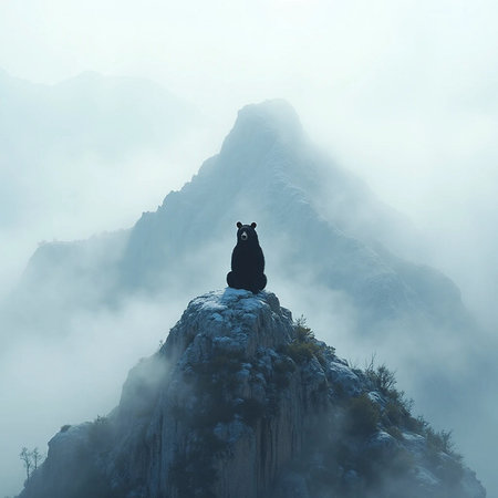 Silhouette of a bear on top of a mountain in the fogの素材