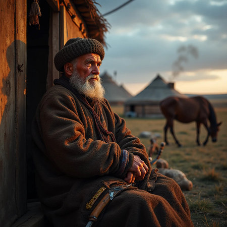 Old man sitting on the grass with horses in the background at sunsetの素材