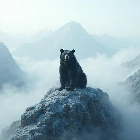 Black bear on a rock in the fog. 3d illustration.の素材