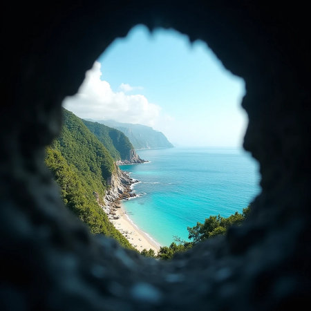 view from the hole of the cave on the beach and the seaの素材