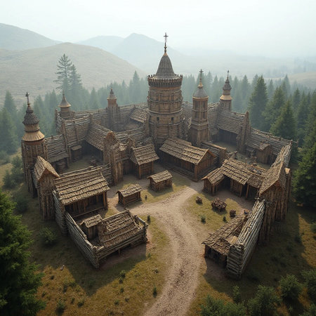 Old wooden church in the mountains. Aerial view. 3d renderの素材