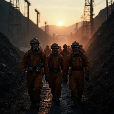 Coal mine workers in uniform working in a coal mine at sunsetの素材